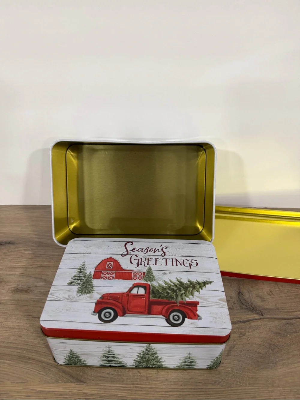 2 Season's Greetings Christmas Red Truck Rectangular Biscuit Tin Box, 1 big 1 sm